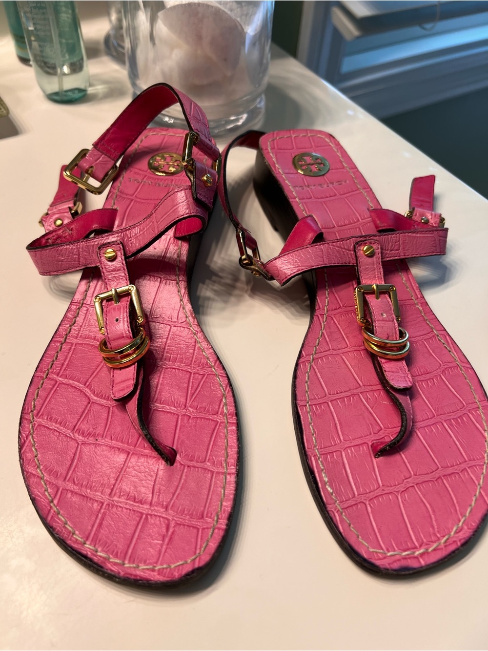 Tory Burch Hot Pink Croc-Embossed T-Strap Sandals with Gold Hardware